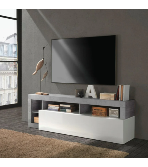 Meuble TV HAMBURG – Blanc laqué brillant / Béton